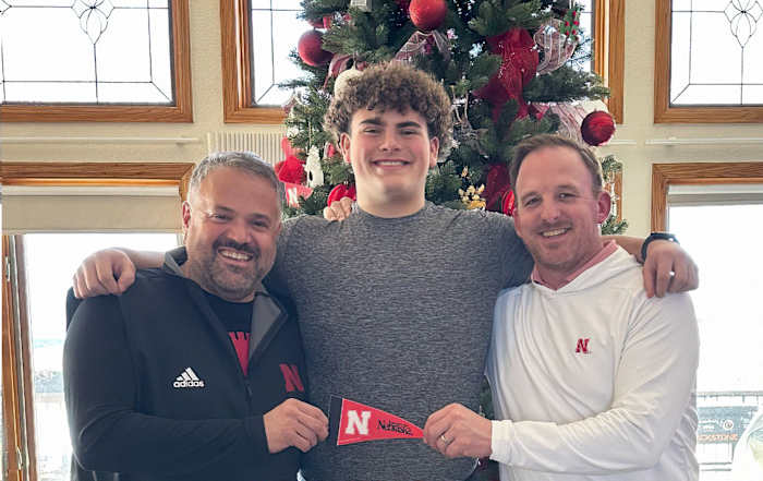 Landen Davidson with Nebraska football head coach Matt Rhule and offensive coordinator Marcus Satterfield